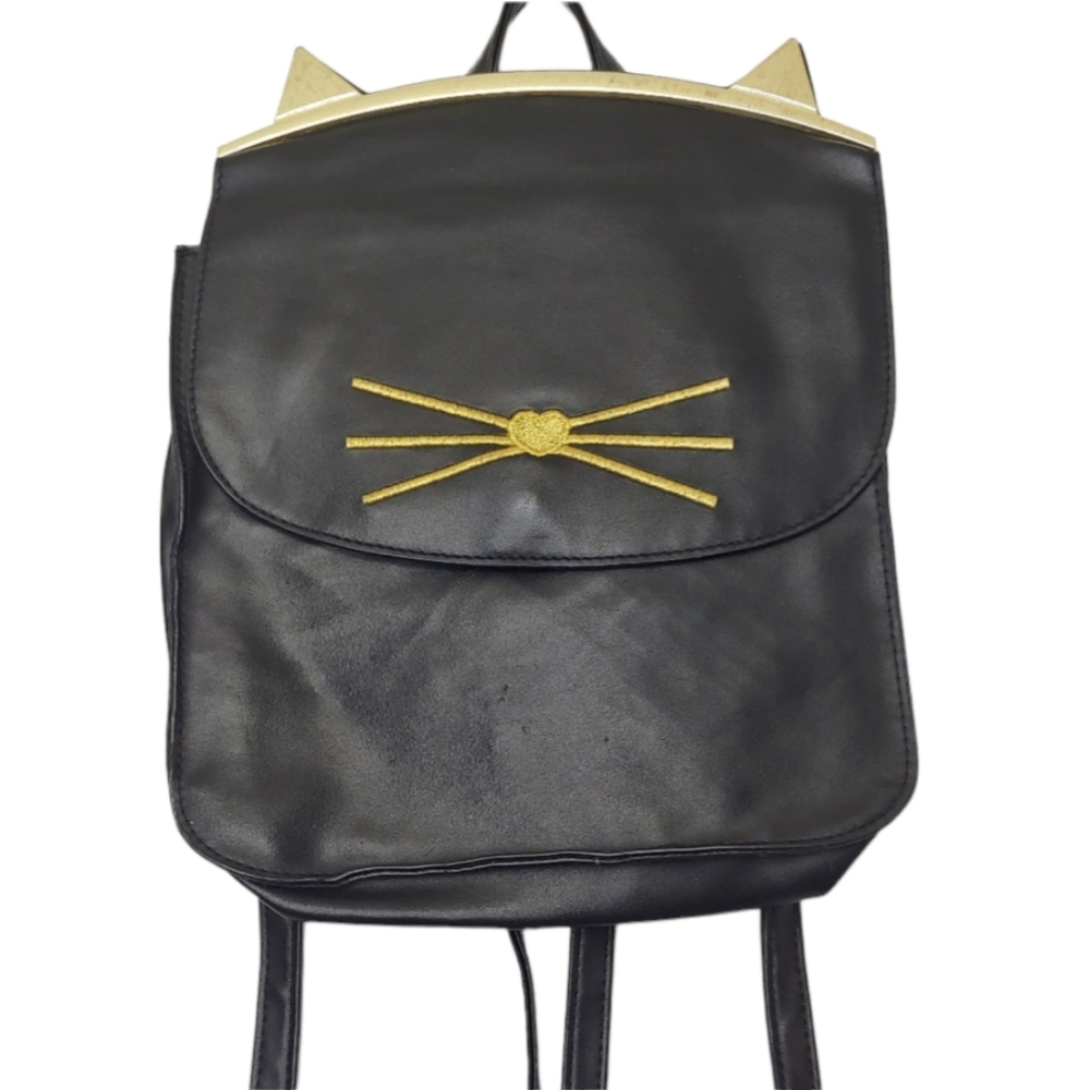 Mini Black Cat Women's Faux Leather with Gold Metal Cat Ears Backpack